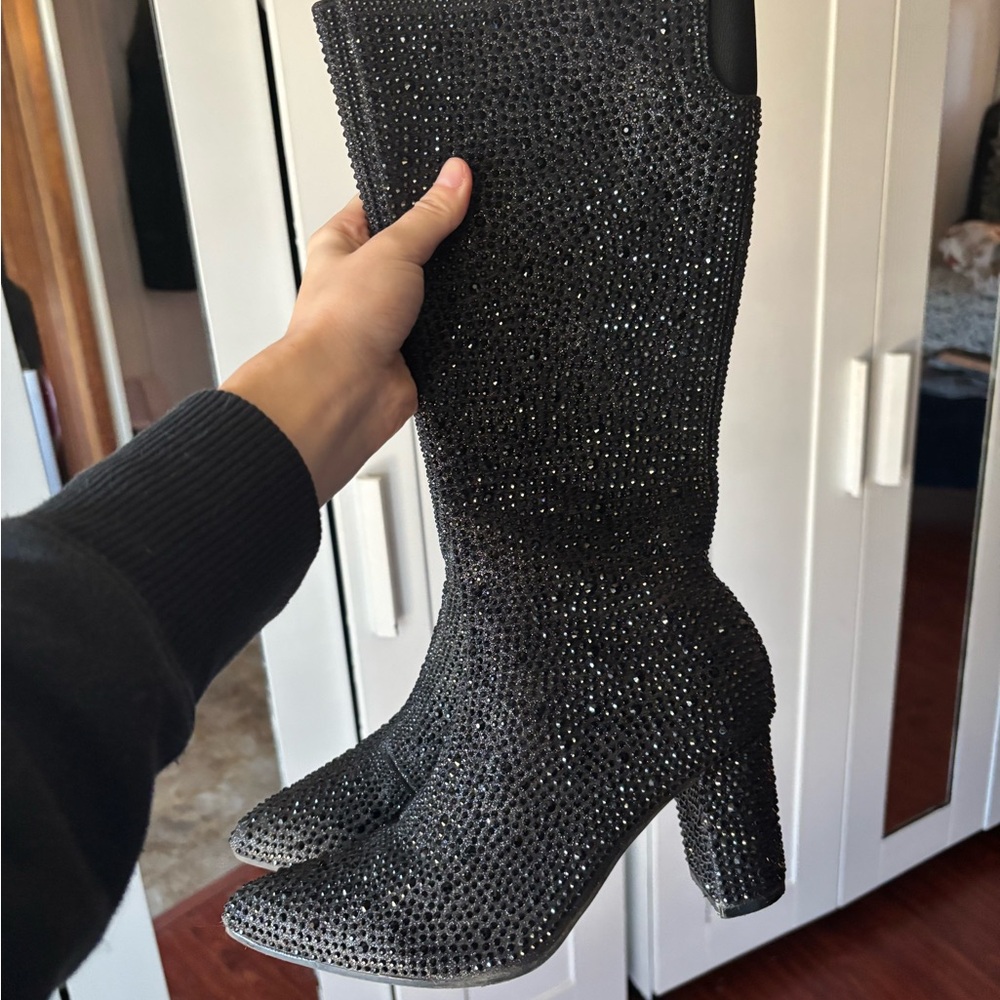 Amazon Black Rhinestone Heeled Boots